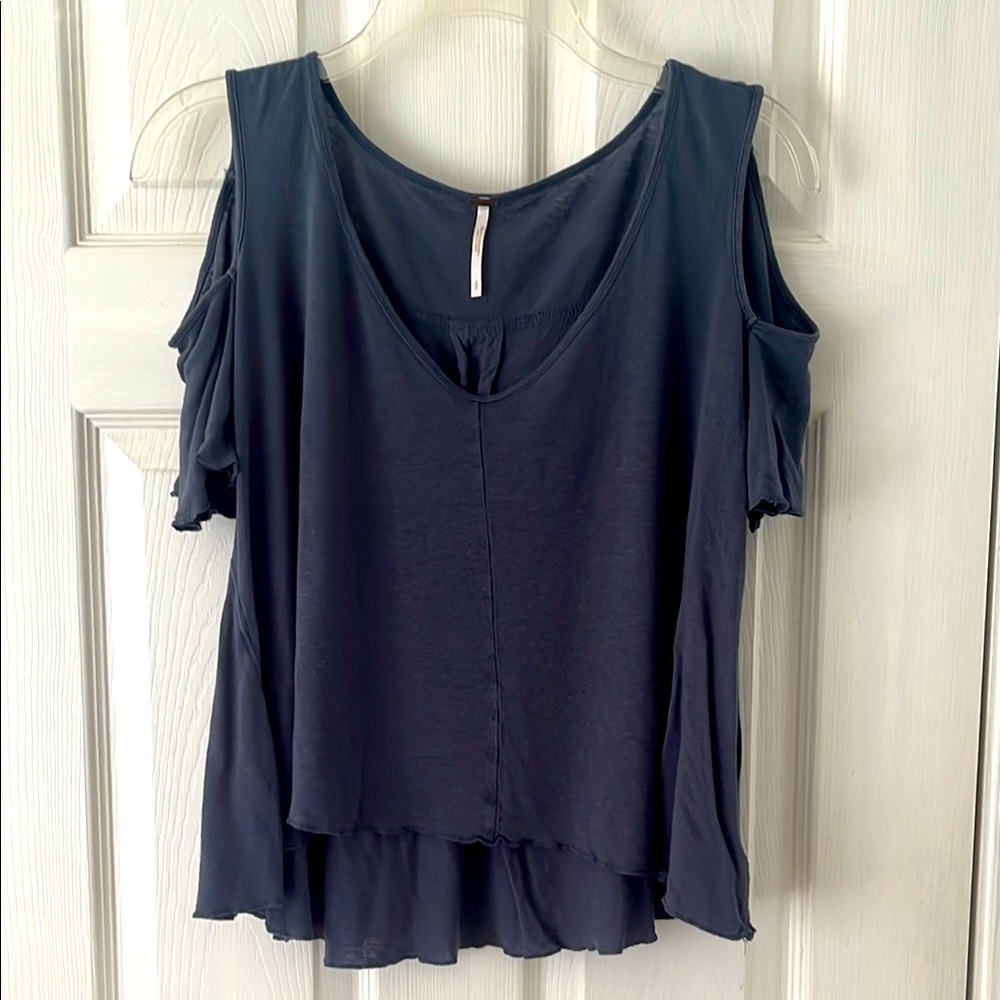Free People Navy Cold Shoulder Blouse